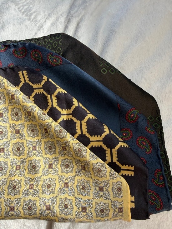 bandana silk Accessories - Dark Silk Pocket square/ with Olive Geometric Squares